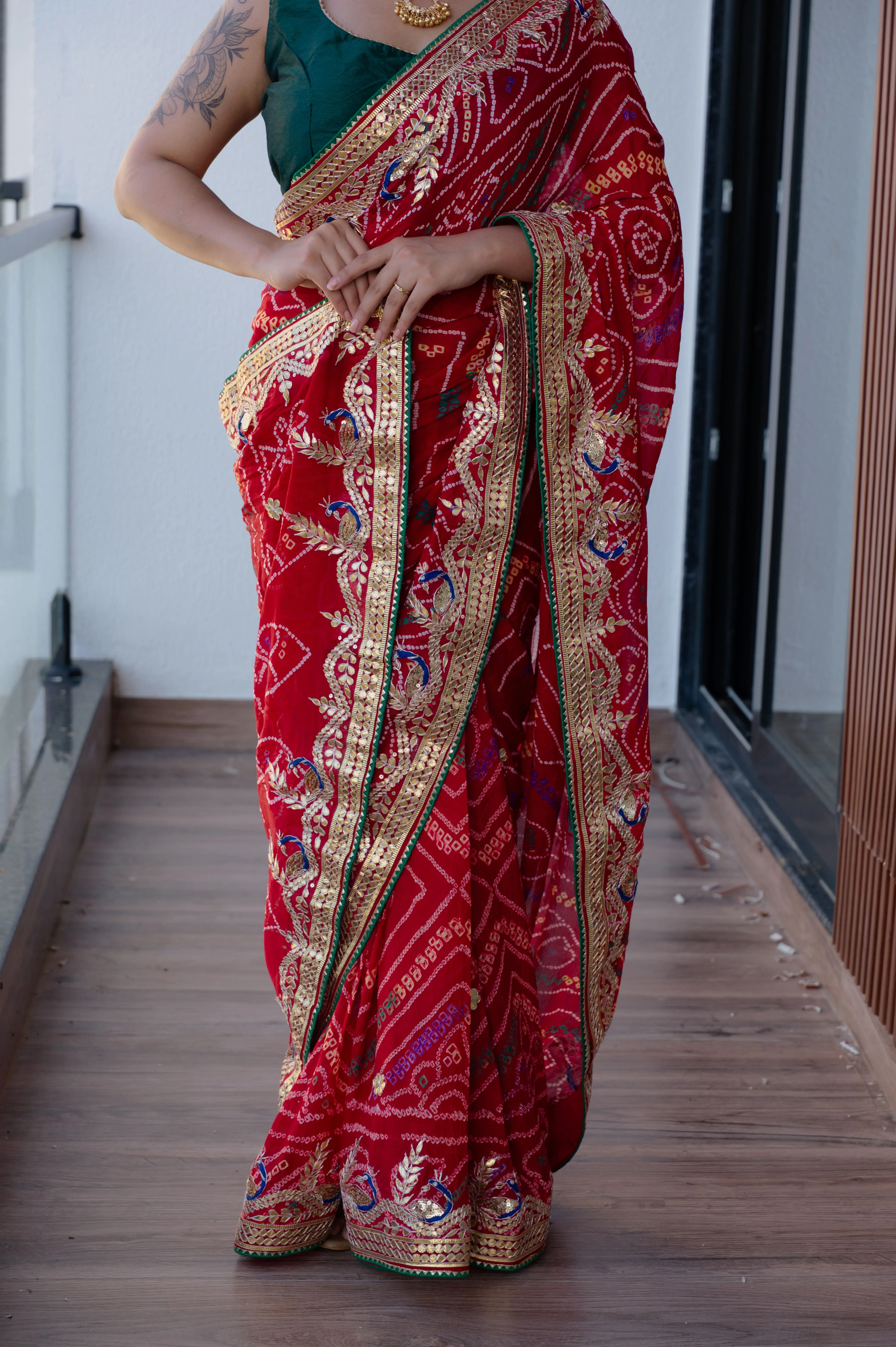 Handcrafted Chundri Bandhej Saree in Pure Ojariya Crepe with Gotta Patti Work