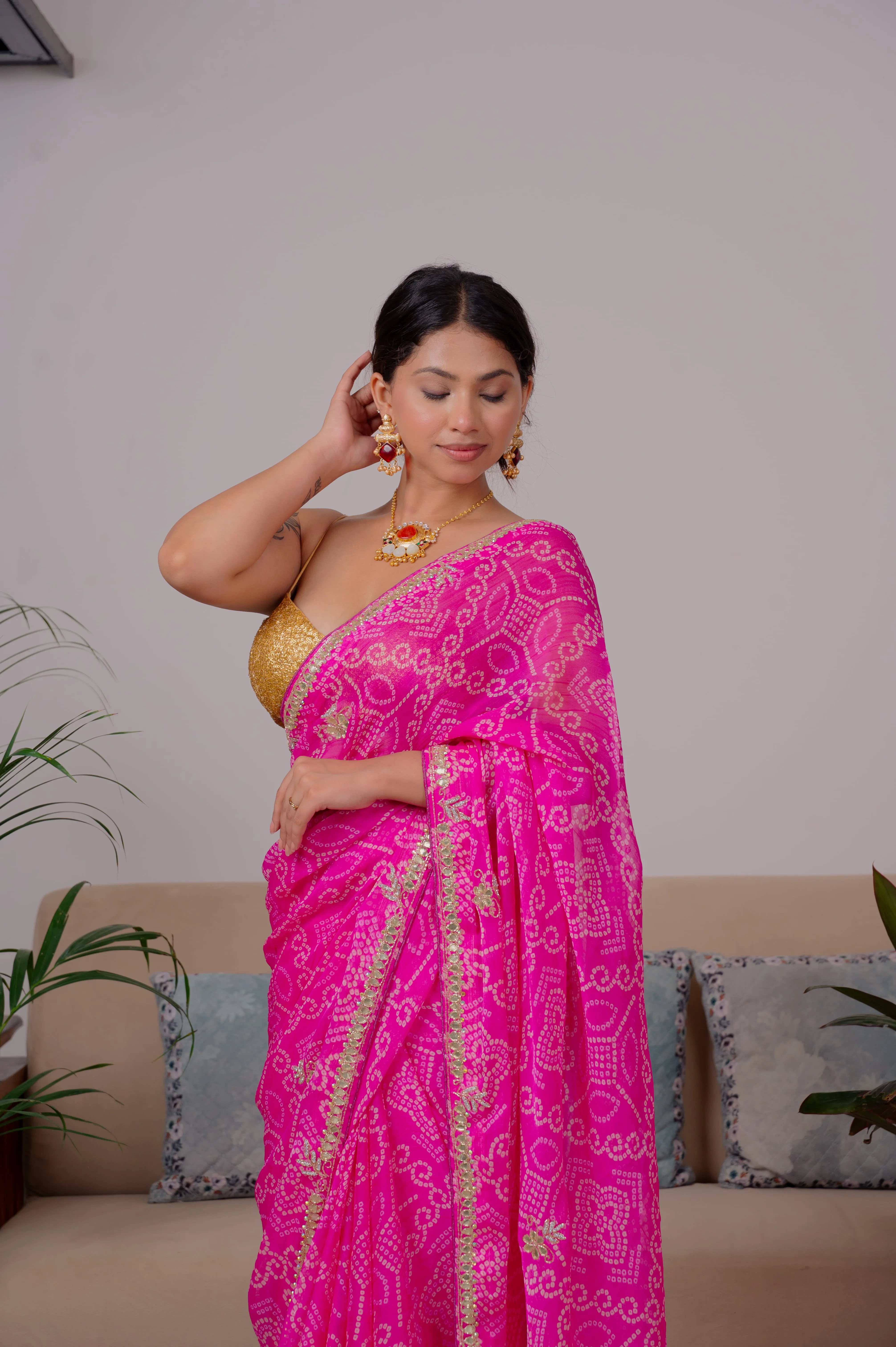 Georgette Bandhani Saree with Kundan Patti Work