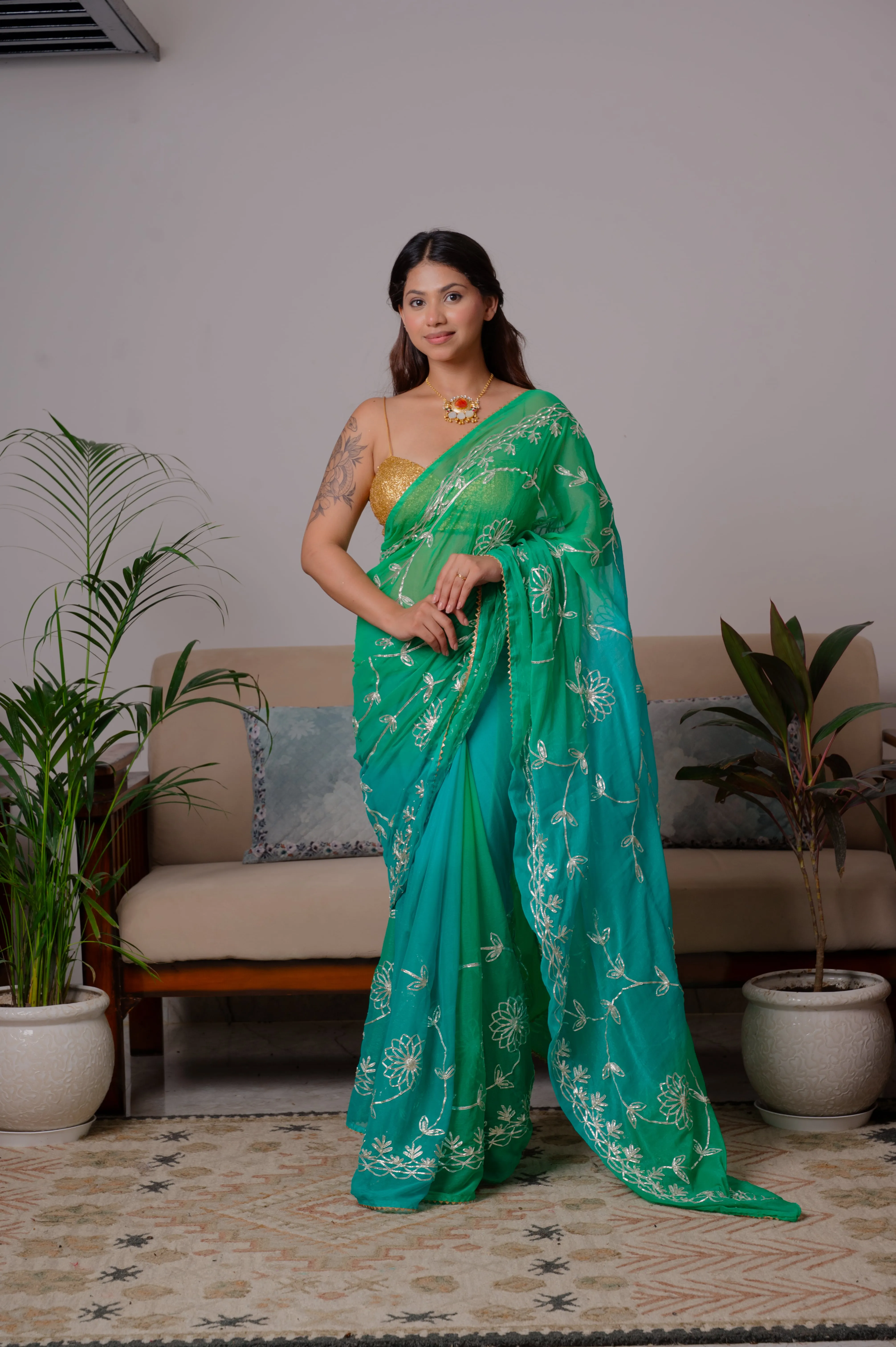 Handcrafted Chinnon Chiffon Saree with Kaccha Gota Work