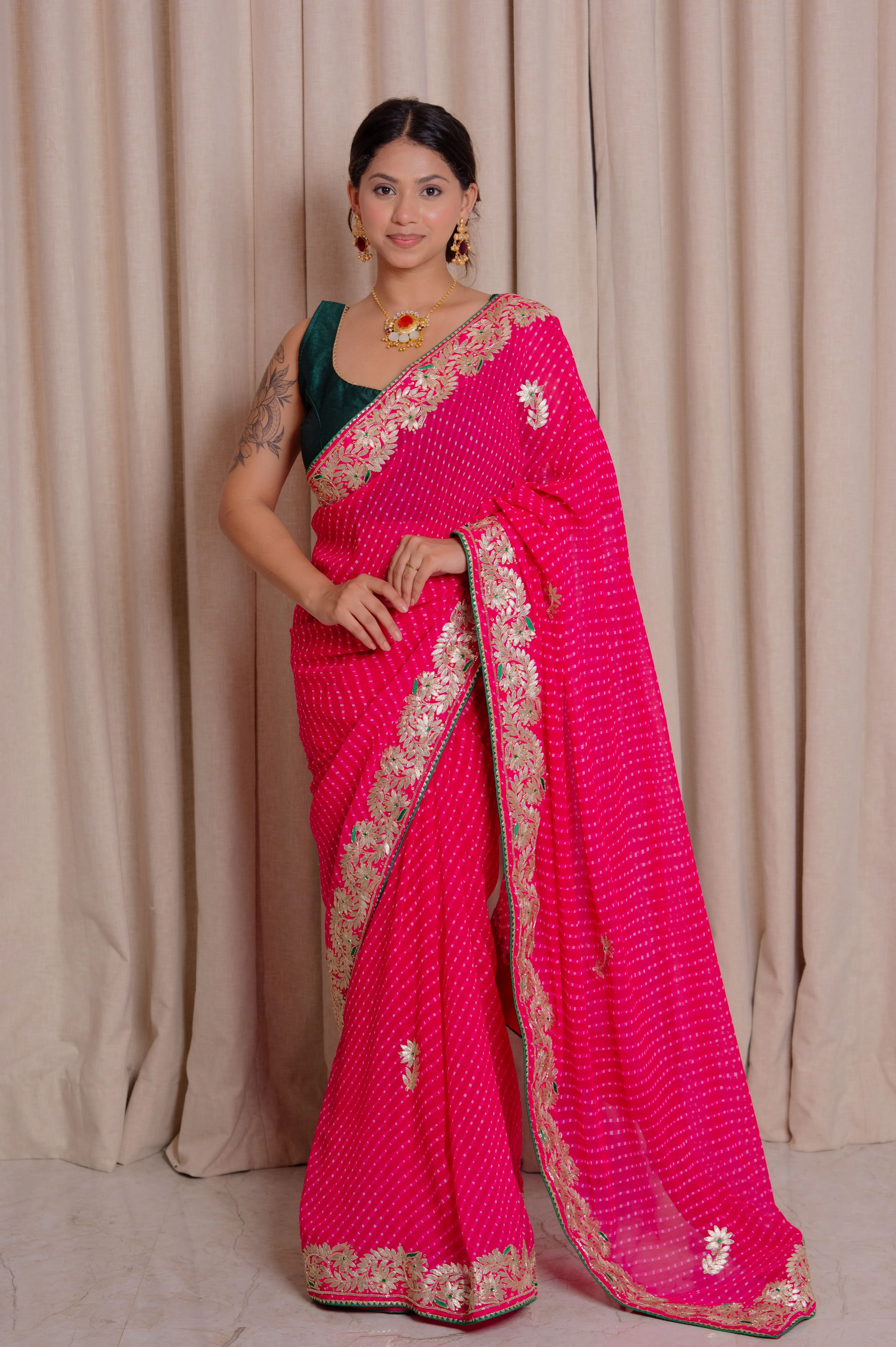 Chiffon Lehariya Saree with Kundan Patti Work | Elegant Designer Lehariya Saree