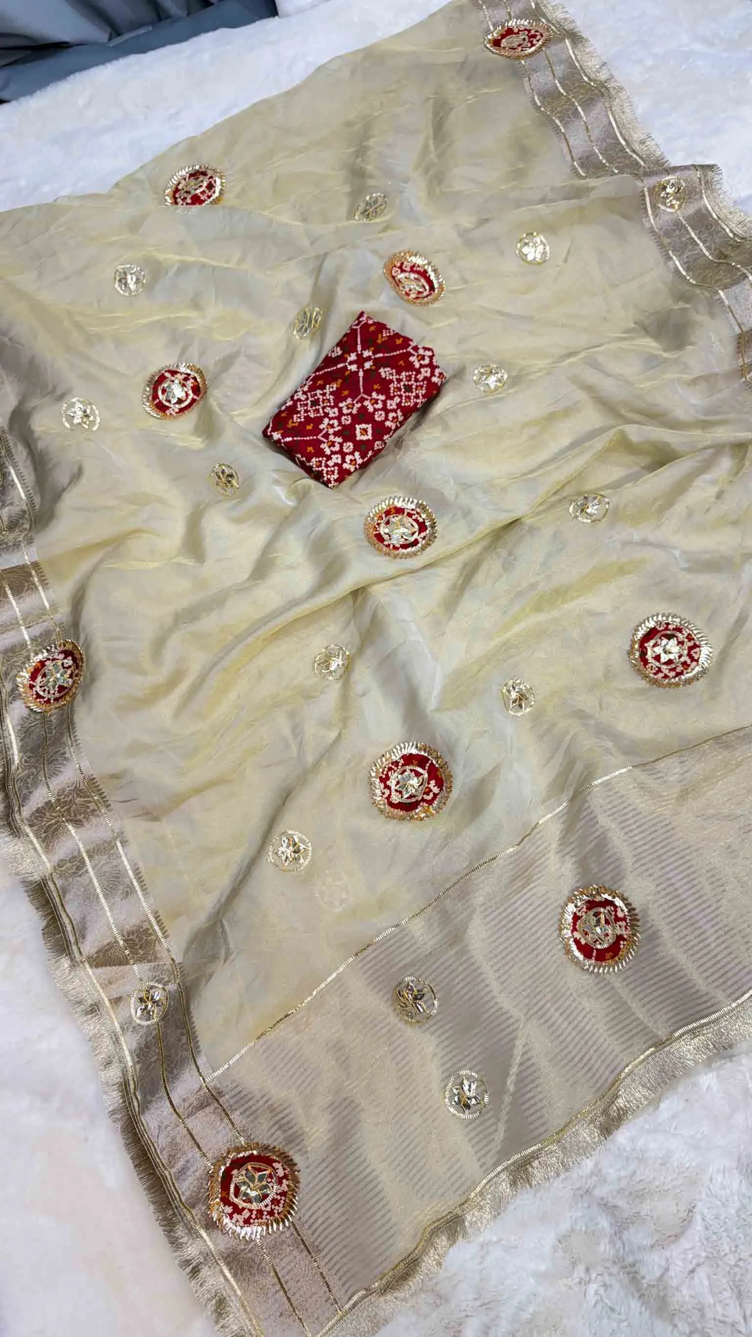 Elegant Tishu Organza Saree with Kacha Gota Embroidery & Premium Contrast Blouse