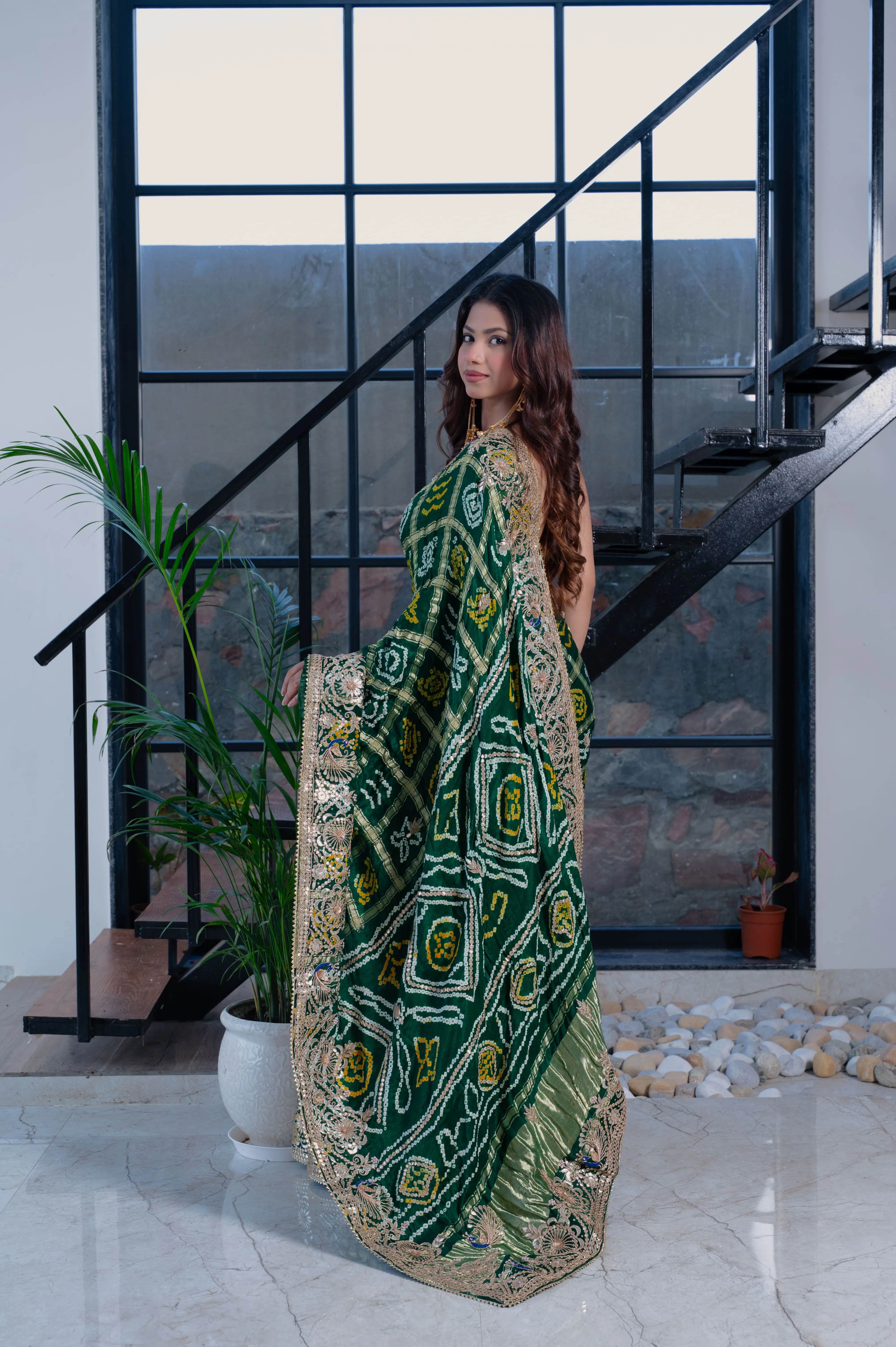 Pure Gaji Silk Green Saree with Intricate Peacock Zero Gota Patti Work